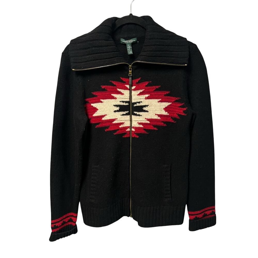 Lauren Jeans Co. Black Red Full Zip Sweater Jacket Womens Large Southwestern